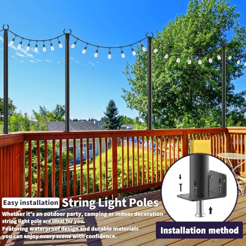 AHRLHR 8 Pack String Light Poles for Deck,5 Ft String Light Poles for Outside with Fixing Clips,Metal Poles for Outdoor String Lights, Hanging Light Poles for Fence Garden Backyard Wall Bistro - size: 8 Pack-5FT