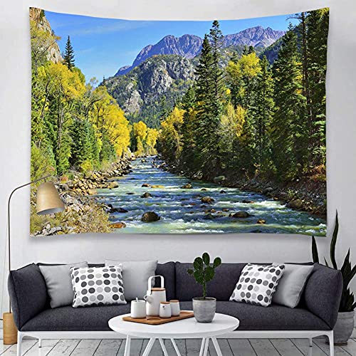 YISURE Nature Mountain Forest Tapestry, Scenic Green Pine Tree Waterfall Landscape Wall Hanging Tapestries for Home Office Dorm Indoor and Outdoor Decoration Large Size 91(W) x71(L) Inch - size: 71"L x 91"W