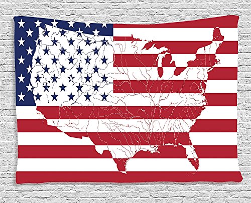 Ambesonne American Flag Tapestry, America Continent Shaped Flag Martial Design International World Glory Print, Wide Wall Hanging for Bedroom Living Room Dorm, 60" X 40", Indigo Red - color: Navy Red, size: 60"L x 40"W