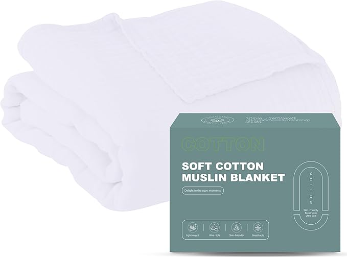 Cosy Family 100% Cotton Muslin Bed Blanket - Breathable & Lightweight, 4 Layer, White, 80x90 Inches