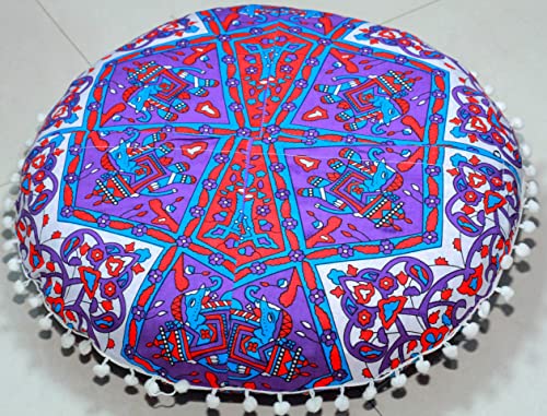 Round Mandala Floor Pillow Cover Seating Cushion Throw Cover Ottoman Pouf Cover Pom Pom Pillow Cases Hippie Decorative Bohemian Boho Indian 22 Inches (Purple Blue) - color: Purple Blue