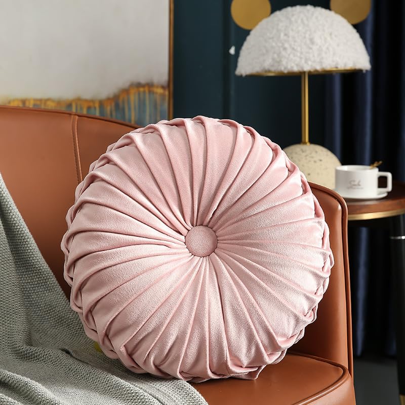 MOCOFO Round Velvet Throw Pillow, Pumpkin Shape Decorative Floor Cushion, Handcrafted Pleated Design, 14 and 16 Inch Diameter, Multiple Colors, Polyester Fill (Light Pink, 14") - color: Light Pink, size: 14"