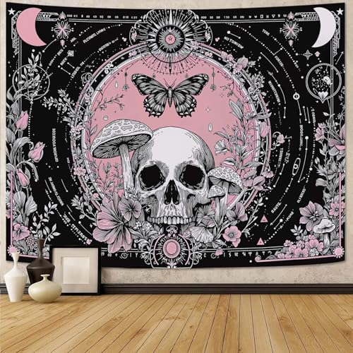 Haibimen Skull Tapestry Pink Gothic Mushroom Butterfly Moon Tapestry for Bedroom Witchy Skeleton Floral Mystic Tapestries Wall Hanging for Living Room, Bedroom, Dorm (Black 5, 60''×44'') - color: Black 5, size: 60''×44''