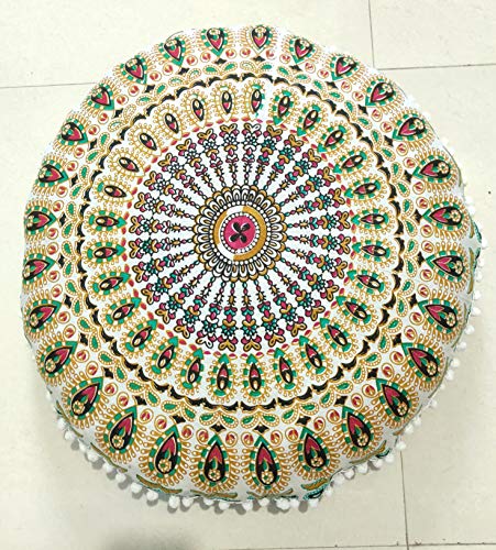 INDIAN CRAFT CASTLE 24" Musturd Peacock Mandala Barmeri Large Floor Pillow Cover Cushion Meditation Seating Ottoman Throw Cover Hippie Decorative Zipped Bohemian Pouf Ottoman Pom Pom Cases 24" Round - color: Musturd, style: 24 Inch Round