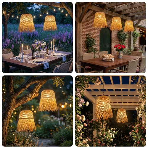 Livinlarge Bamboo Woven Outdoor Chandelier Small Hanging Rattan Solar Pendant Lights Modern Retro Boho Pendant for Gazebo Yard Porch Patio Garden Backyard Decor（1 Pack） - style: Rattan Pendant Lights