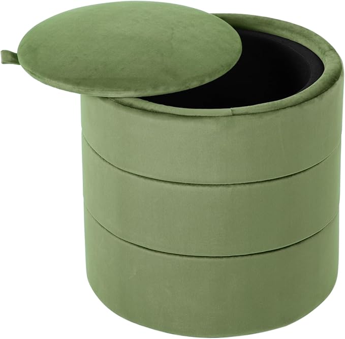 Spatial Order Storage Round Ottoman with Removable Lid (with Hidden Storage) | Spatial Order Home Décor | Upholstered Round Velvet Ottoman – Green Velvet
