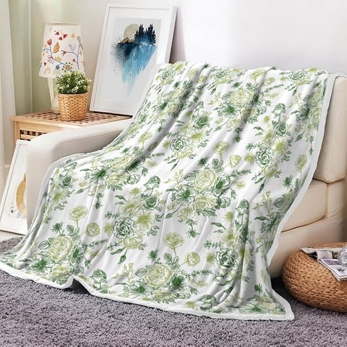 Green Floral Throw Blanket, Botanical Floral Blanket, Soft, Flannel, Warm, Boho Floral Bed Blanket All Season Floral Throw Blanket for Couch Bedroom Living Room 50X70 Inch