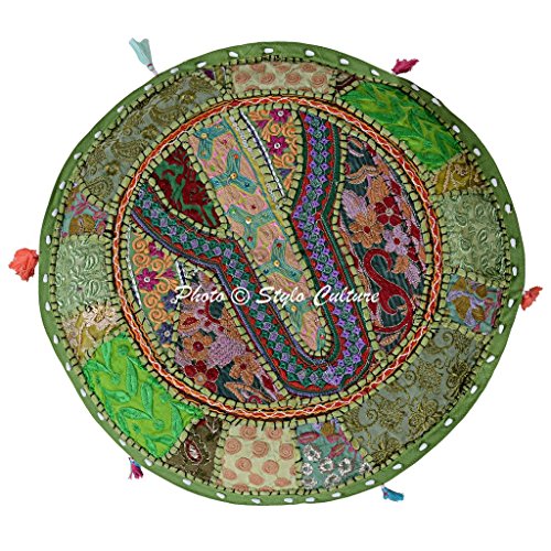 Cotton Round Embroidered Patchwork Ottoman Vintage Patches Pouffe Stool Pouf Cover Green Floral 45 cm Footstool Floor Cushion Ethnic Bean Bag Home Decor - color: Parrot Green