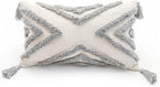 Boho Grey Lumbar Throw Pillow Cover 12x20 Inch with Tassels, Gray Geometric Tufted Cream Chenille Fabric Small Accent Textured Cushion Case for Bed Couch, 1 PC Cover Only No Insert
