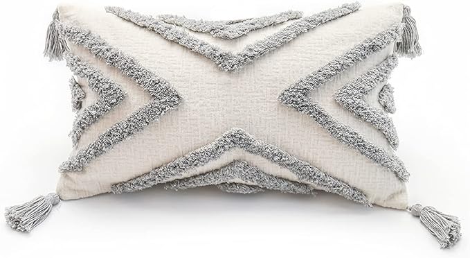Boho Grey Lumbar Throw Pillow Cover 12x20 Inch with Tassels, Gray Geometric Tufted Cream Chenille Fabric Small Accent Textured Cushion Case for Bed Couch, 1 PC Cover Only No Insert