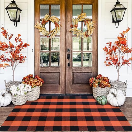 Orange and Black Plaid Rug, 3' x 5' Fall Outdoor Front Door Decor Mat, Cotton Washable Hand-Woven Rug for Layered Doormat, Autumn Halloween Thanksgiving Carpet for Porch, Entryway - color: Orange & Black Plaid, size: 3' x 5' (Rectangular)