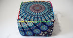 CRAFT KALA Indian Square Patchwork Traditional Pouf Cover Indian Living Room Pom Poufs Cover Decorative Designer Ottoman Home Living Footstool Chair Cover Ottoman Decor 22X22X14 inches, Blue Mirchi