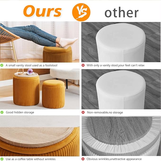 Round Ottoman with Storage Set of 2-Upholstered Velvet Vanity Stool for Makeup Multifunctional Ottomans Coffee Table Padded Seat Foot Rest (Yellow-Upgrade Taray Lid)