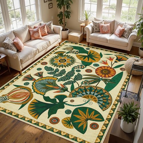 Joydeco Egypt Floral Boho 9x12 Rugs for Living Room, Large Beige Washable Area Rug for Bedroom Dining Room Table, Vintage Non Slip Indoor Throw Carpet for Playroom Nursery Dorm Classroom - color: Beige, size: 8'11" x 12' (Rectangular)
