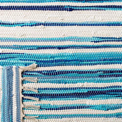 SAFAVIEH Rag Rug Collection Accent Rug - 2' x 3', Ivory & Blue, Handmade Boho Stripe Cotton, Ideal for High Traffic Areas in Entryway, Living Room, Bedroom (RAR126B)
