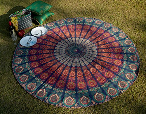 RAJRANG Boho Mandala Roundie Gypsy Hippie Tapestry Decorative Cotton Tablecloth Meditation Yoga Mat - Golden Blue - 72 Inches - color: Golden Blue, size: 72"L x 72"W