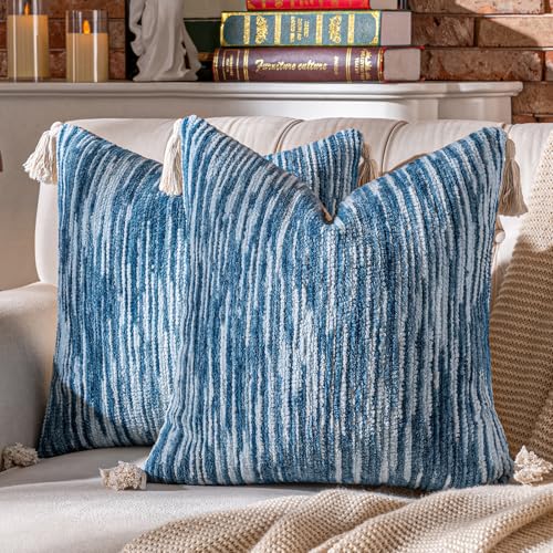 AmHoo Boho Throw Pillow Covers Set of 2 Decorative Bohemian Woven Tufted Striped Farmhouse with Tassels Textured Cushion Case Pillowcase Neutral for Sofa Couch Bed 18 x 18-Inch Sky Blue - color: Sky Blue, size: 18" x 18" (Pack of 2)