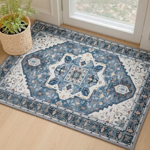 MINIDEAR 2x3 Area Rugs for Entryway Kitchen, Washable Rug Small Accent Rugs for Bedroom Non Slip Vintage Rug Thin Carpet Mat for Home, Blue - color: 02blue, size: 2' x 3' (Rectangular)