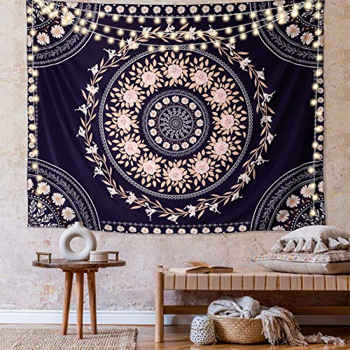 FLY SPRAY Mandala Tapestry Aesthetic,Boho Tapestries Wall Hanging,Dark Rose Floral Medallion Tapestrys,Bohemian Wall Art Hippie Decor for Bedroom Living Room Ceiling - color: Boho Tapestry-Navy Blue, size: 80"L x 60"W