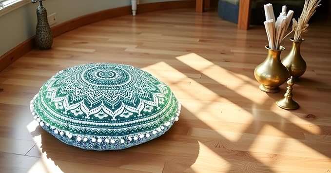 Round Mandala Floor Pillow Cover Seating Cushion Throw Cover Hippie Decorative Bohemian Ottoman Pouf Cover, Pom Pom Pillow Cases,Boho Indian 22 Inches (Green)