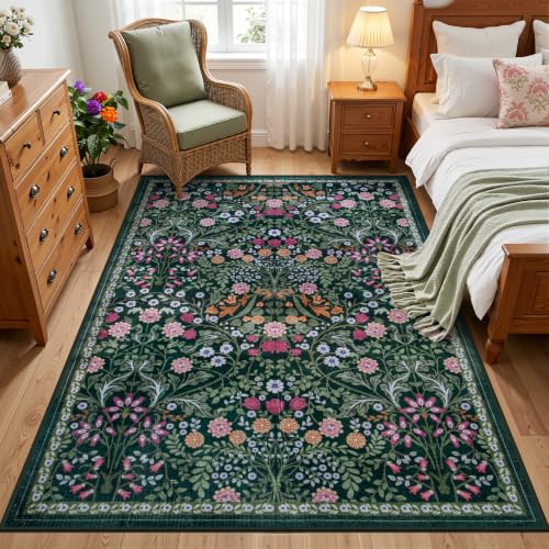 Area Rug Living Room Rugs: Floral 3x5 Washable Rug Vintage Soft Boho Non-Slip Carpet Indoor Floor Stain Resistant Large Carpets for Bedroom Dining Room Farmhouse Nursery Hallway Dark Green - color: Dark Green, size: 3' x 5' (Rectangular)