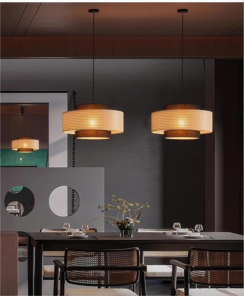LIGHTLAND Rattan Farmhouse Pendant Light Fixture, Hand Woven Dining Room Pendant Light with Fabric Shade, Rustic Pendant Hanging Light Fixture for Kitchen Island Rattan Pendant Lighting 20'' - color: Style A, 20 Inch