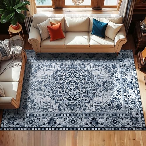 YJ.GWL Area Rugs for Living Room 6x9 Machine Washable Rugs, Non Slip Floral Vintage Rug Indoor Carpet, Stain Resistant Large Rug for Bedroom Dining Room, Navy Blue - color: Navy Blue, size: 6' x 9' (Rectangular)
