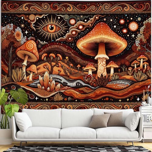 Accnicc Hippie Mushroom Tapestry Orange Red Abstract Mountain Wall Tapestry for Bedroom Aesthetic Bohemian Art Vintage Star Eye Small Tapestries Wall Hanging for Dorm Living Room Decor 48 × 36 Inch - color: Orange, size: 48"L x 36"W