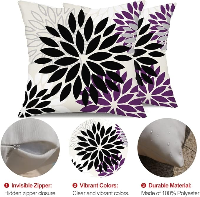 DFXSZ Black Purple Flower Pillow Covers 18x18 Inch Set of 2 Outdoor Throw Pillows Outdoor Waterproof Decor for Living Room Sofa Patio Funiture Garden Floral Polyester Pillow Covers 002Q18