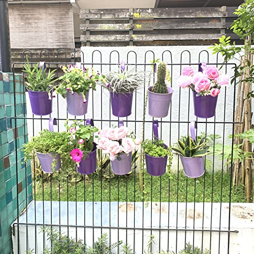 LaLaGreen Hanging Planter Outdoor - 10 Pack, 4 Inch Fence Planters Outdoor Purple Hanging Window Flower Bucket Metal Succulent Pots Balcony Railing Wall Garden Deck Porch Herb Plant Macetas Exterior - size: 4 Inch (Purple)
