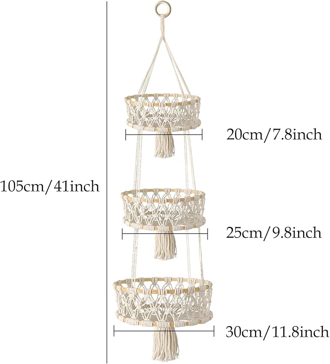 3 Tier Hanging Fruit Basket, Macrame Hanging Basket for Fruit and Vegetable Storage, Cotton Rope Woven Baskets, Boho Wall Baskets Organizing Hanging Plant Holder for Indoor Kitchen Decor