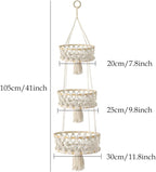 3 Tier Hanging Fruit Basket, Macrame Hanging Basket for Fruit and Vegetable Storage, Cotton Rope Woven Baskets, Boho Wall Baskets Organizing Hanging Plant Holder for Indoor Kitchen Decor