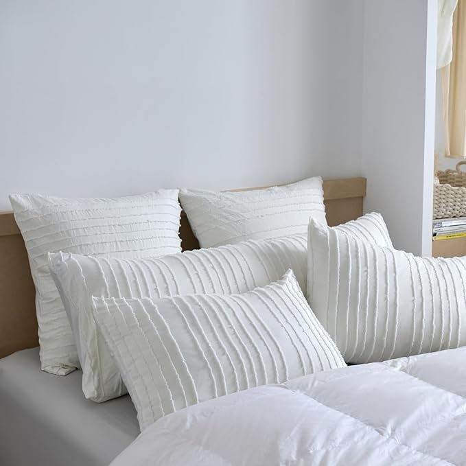 King Pillow Shams 2 Pack, King Size Pillowcases, Soft Microfiber Geometric Striped Tufted Pillow Covers with Envelope Closure, Ivory, 20x36 Inches