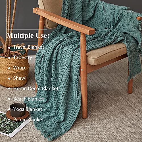 Simple&Opulence 100% Cotton Throw Blanket for Couch, Bed, Waffle Weave Cable Knit Blanket with Tassels, Soft Lightweight Pre-Washed Breathable Cozy Blanket Farmhouse Decoration for All-Season (Green) - color: Dark Green