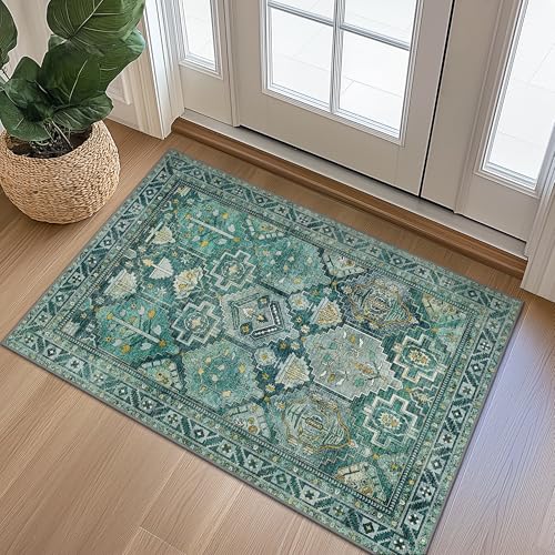 Bavni 2x3 Entryway Rug Bathroom Rugs for Front Door Bedroom Bathroom Kitchen, Washable Vintage Print Carpet, Ultra-Thin Chenille Lightweight Rug with Non Slip Backing, Dark Green - color: Dark Green, size: 2' x 3' (Rectangular)