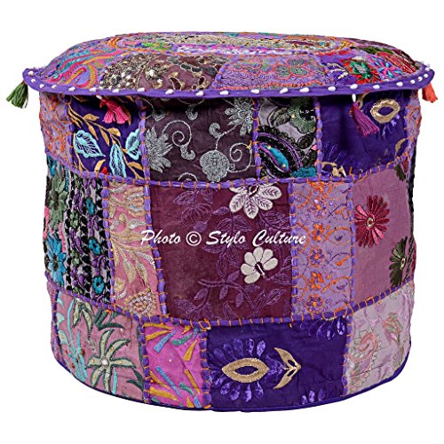 Cotton Fabric Pouf Patchwork Embroidered Ottoman Stool Pouffe Cover Purple Floral Furniture Indian Ethnic Decor Bean Bag Home - color: Purple