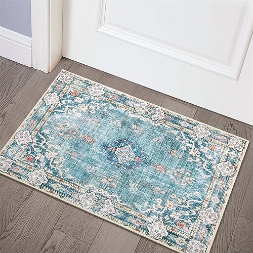 MUJOO Teal Area Rug Small Rugs Boho Machine Washable Rugs Non Slip for Entryway Kitchen Bathroom Bedroom Vintage Soft Low-Pile 2'x3' Blue Flowers Colorful - color: Teal, size: 2' x 3' (Rectangular)