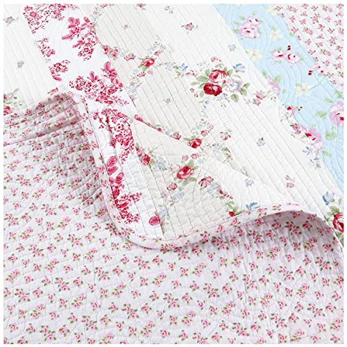 Cozy Line Home Fashions Floral Striped Floral Print Pattern Reversible 100% Cotton Quilted Throw Blanket 60" x 50" Machine Washable and Dryable (Wild Rose) - color: Wild Rose Floral