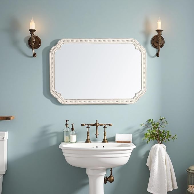 Rustic White Mirrors for Bathroom 24" X 36", Hanging Distressed Finish Carved Wood Scalloped Farmhouse Wall Mirror, Decorative Arched Corner Vintage Mirror, Boho Rectangular Mirrors