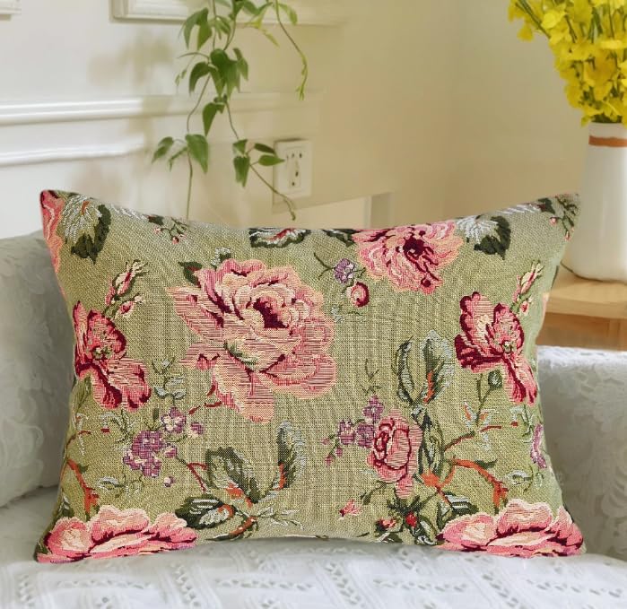 Floral Lumbar Jacquard Woven Throw Pillow Cover, Moss Green & Vintage Rose Decorative Cushion Case with Beige Faux Suede Back, 12x18 Inch, Cover Only No Insert - color: Vintage Olive & Dusty Rose Floral