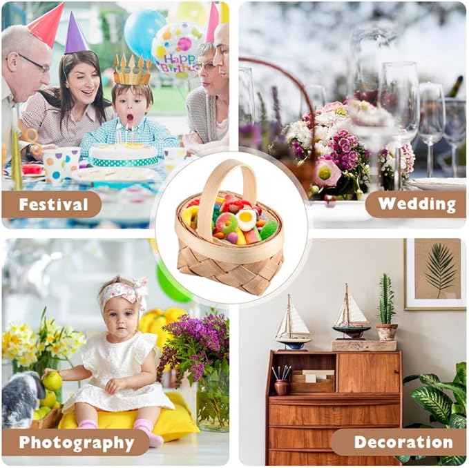 Gadpiparty 36pcs Mini Baskets Party Favor, Mini Woven Baskets With Handles, 4.72 Inch Small Tiny Wooden Candy for Weddings Holidays Easter Party Decor and Kids Crafts