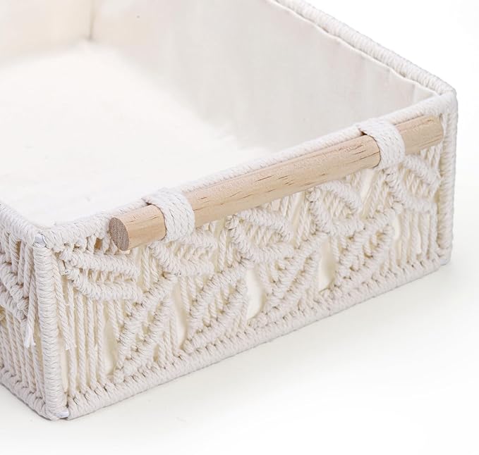 ZOOFOX Set of 3 Macrame Storage Basket, Handmade Woven Boho Basket with Cloth Liner and Wooden Handles, Decorative Toilet Tank Shelf Cabinet Organizer for Bedroom Living Room Nursery