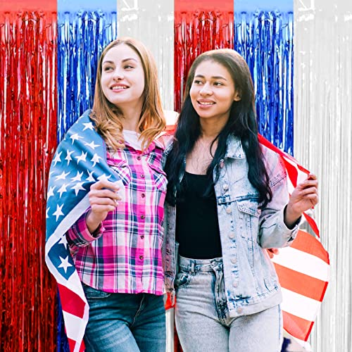 4 Pack Red Blue White Foil Fringe Curtain Backdrop, 3.28Ft x 8.2Ft Metallic Tinsel Foil Fringe Streamers Curtains for Photo Booth, Wedding, Mardi Gras, Birthday, Independence Day Party Decoration - color: Blue,White