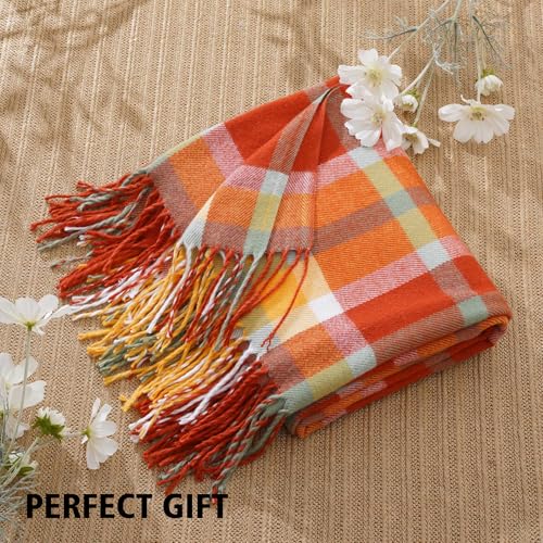BATTILO HOME Fall Blanket Throw for Couch, Orange Plaid Throw Blankts, Burnt Orange Throw Blankets Farmhouse Style, Super Soft Decorative Multicolor Throw for Fall Decoration 50"x60" - color: Orange Red