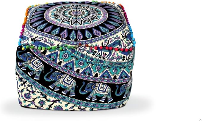 CRAFT KALA Indian Square Patchwork Traditional Pouf Cover Indian Living Room Poufs Cover Decorative Designer Ottoman Home Living Footstool Chair Ottoman Decor 16X16X14 inch, Green Deer Elephant