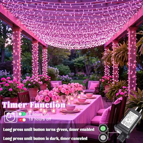 100FT 300 LED Outdoor String Lights, Plug in Connectable Christmas Lights Indoor Waterproof, 8 Modes Clear Wire String Lights for Outside Bedroom Wedding Garden Patio Party Decorations, Pink - color: Pink, size: 100ft 300LED