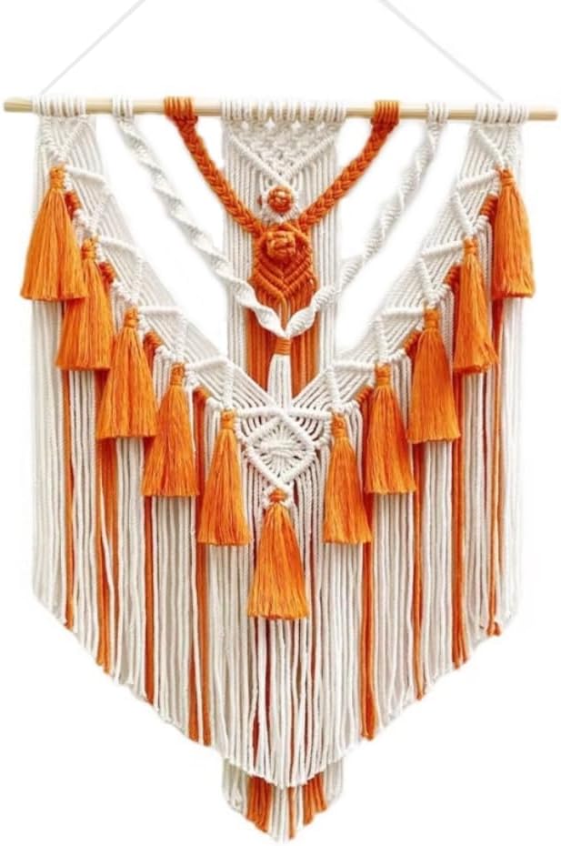 Boho Macrame Wall Hanging & Wall Decor, Cotton Handmade Tapestry with Tassel, Woven Macrame Wall Art for Decorating Bedroom Living Room Apartment Nursery (Orange)