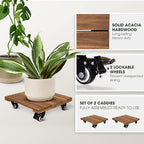 2pack Wood Plant Caddy With Wheels Heavy Duty, 264 Lbs Capacity, Upgraded 12 Inch Acacia Hardwood Plant Dolly, Plant Stand with 360° Lockable Wheels, Plant Caster for Heavy Objects Hauling - Natural Wood