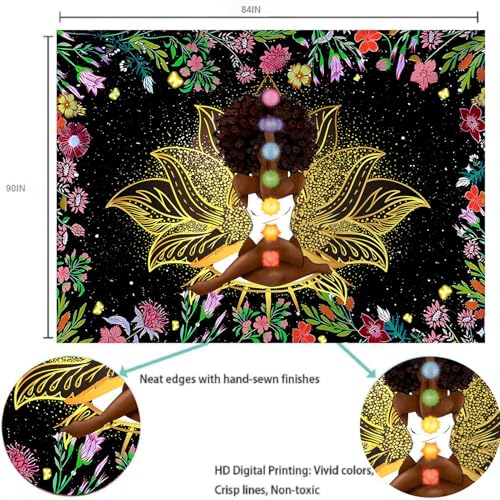 Ine Ive African Chakra Tapestry African American Woman Zen Meditation Poster Starry Sky Flower Garden Inspirational Afro Yoga Wall Art Tapestry for Bedroom Dorm Decor (90x84 inch) - size: 90"L x 84"W