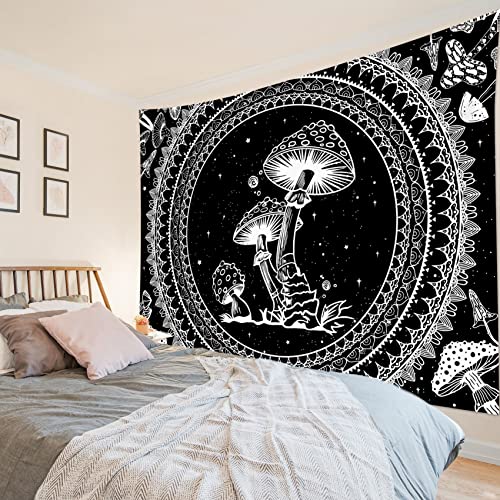 SCECALA Mushroom Boho Tapestry - Black and White Mandala Wall Hanging for Bedroom, Boho Home Decor 60x40 Inch - Dorm Room Aesthetic, Living Room & Party Decoration - color: Black and White, size: 40"L x 60"W